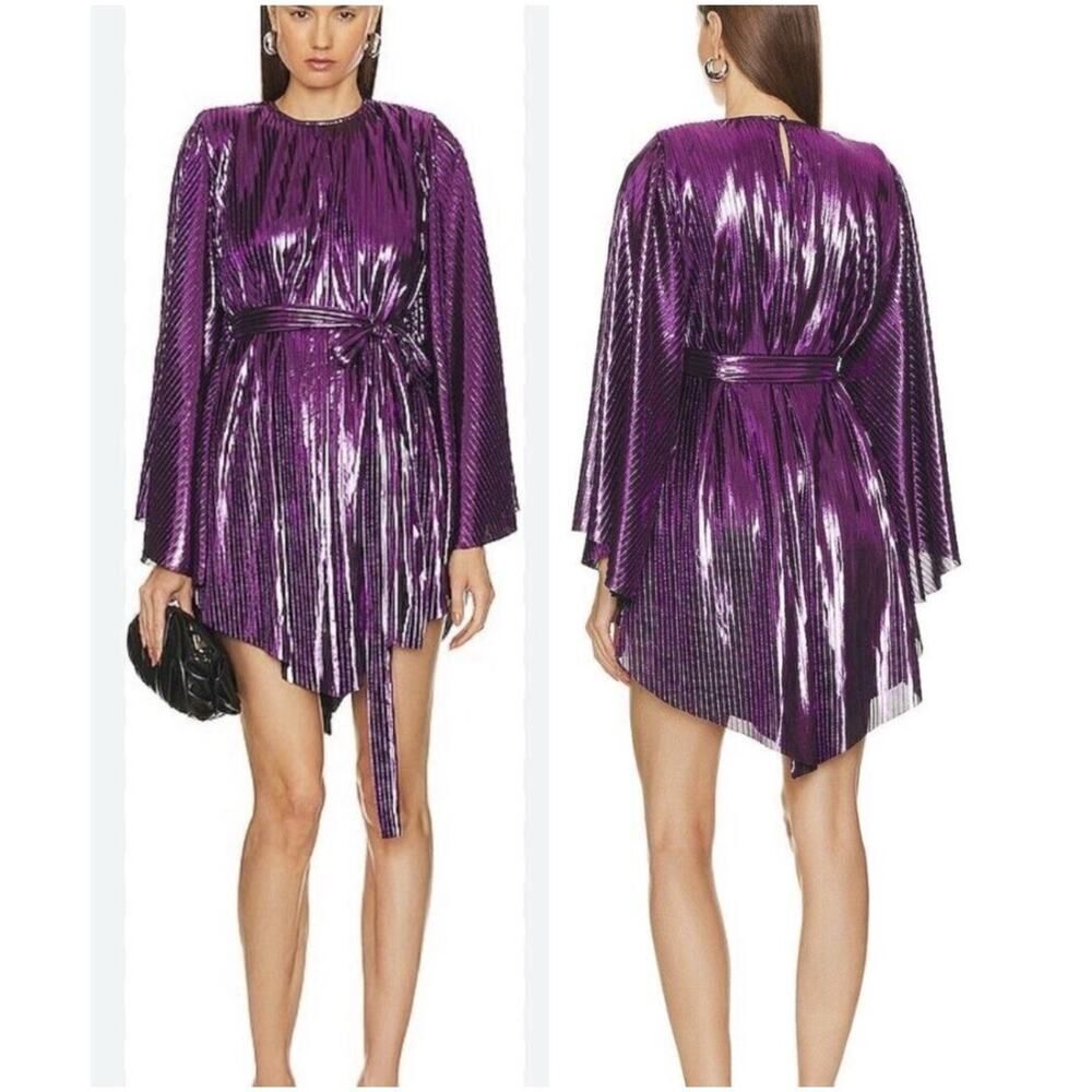 NWT Michael Costello x REVOLVE Gene Mini Dress Purple Pleated Metallic XS